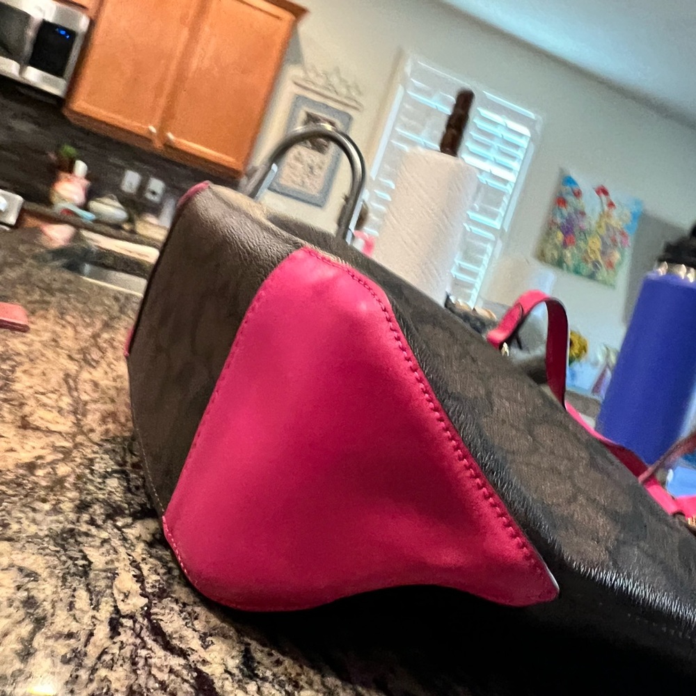 Coach Brown Signature Tote with Hot Pink Trim and Tag - Picture 5 of 8